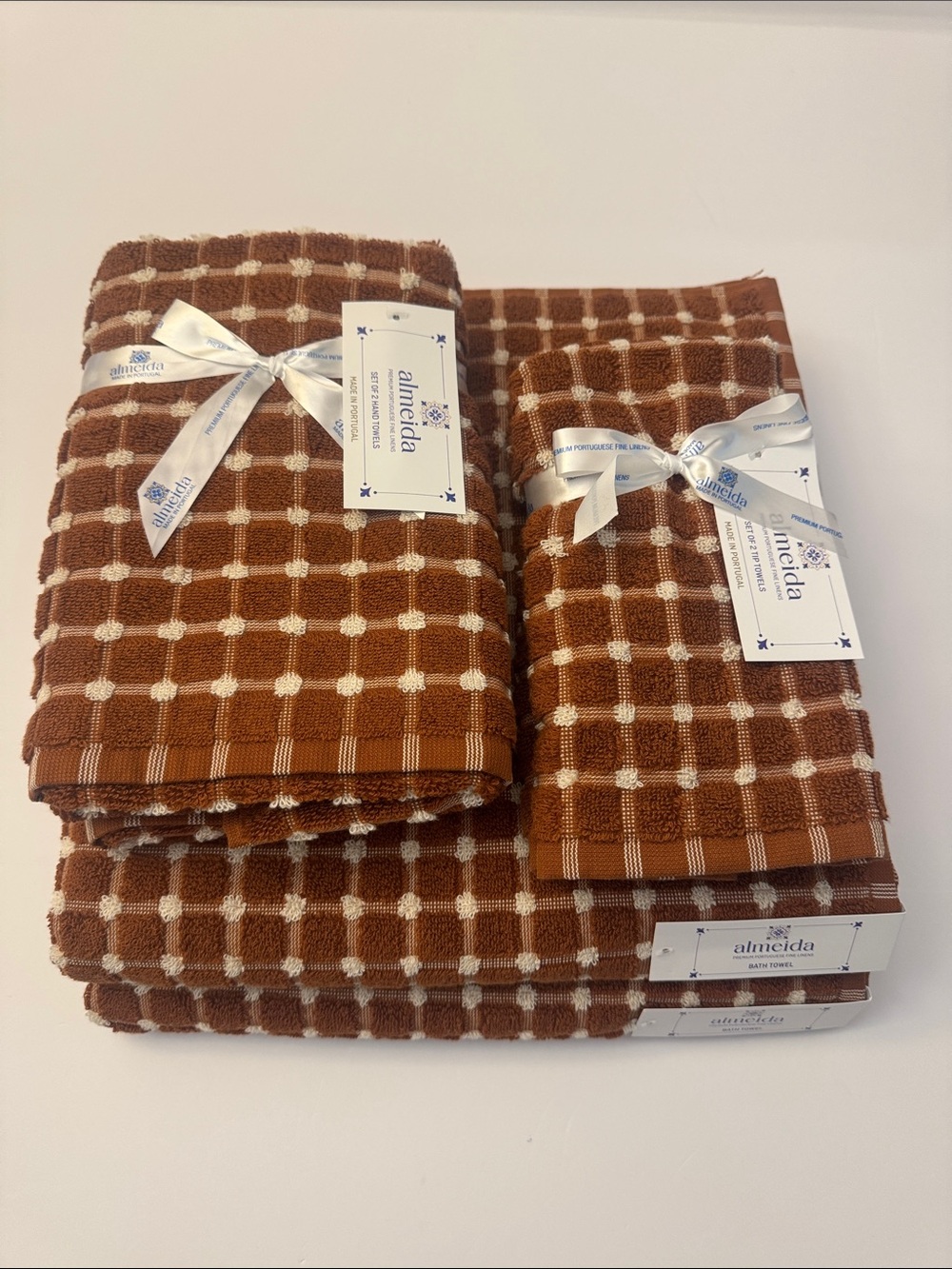 6pc ALMEIDA Premium Portuguese Fine Linens Bath Towel Set - Grid -Rust/Cream